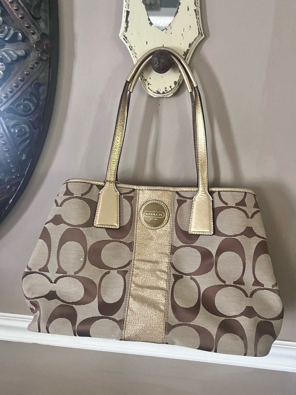 Coach Beige and Brown Signature Tote with Gold Trim
